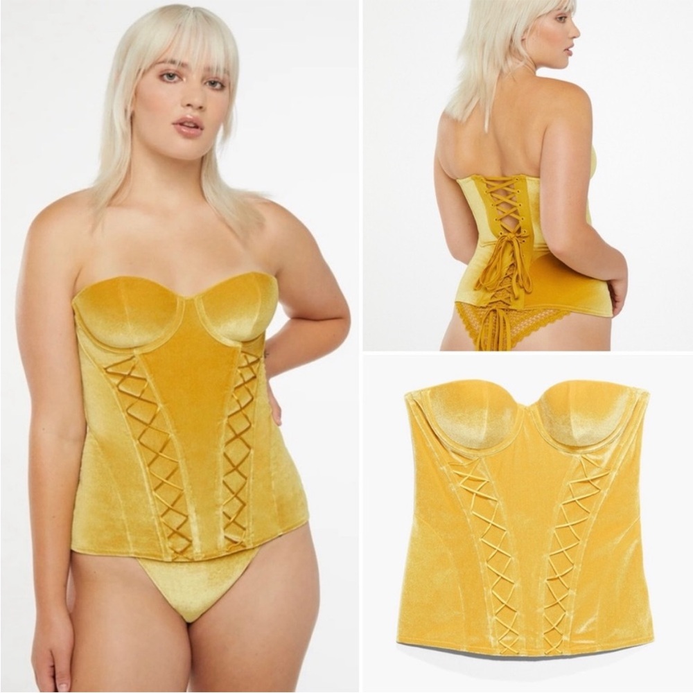 Savage X Fenty Mustard Velvet Strapless Lace-Up Corset Top